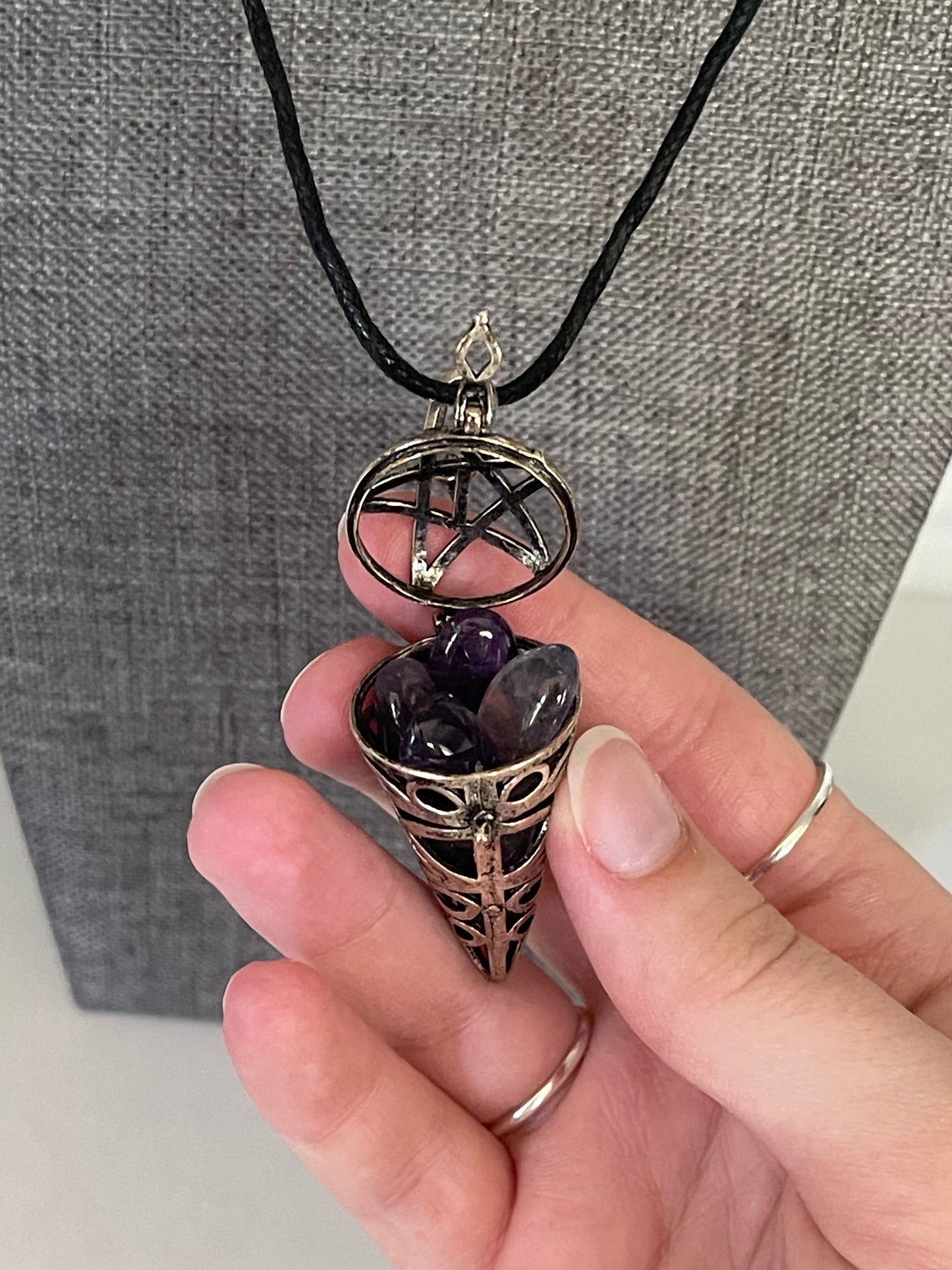 Antique silver-finished brass, bead/crystal cage with star design & latch