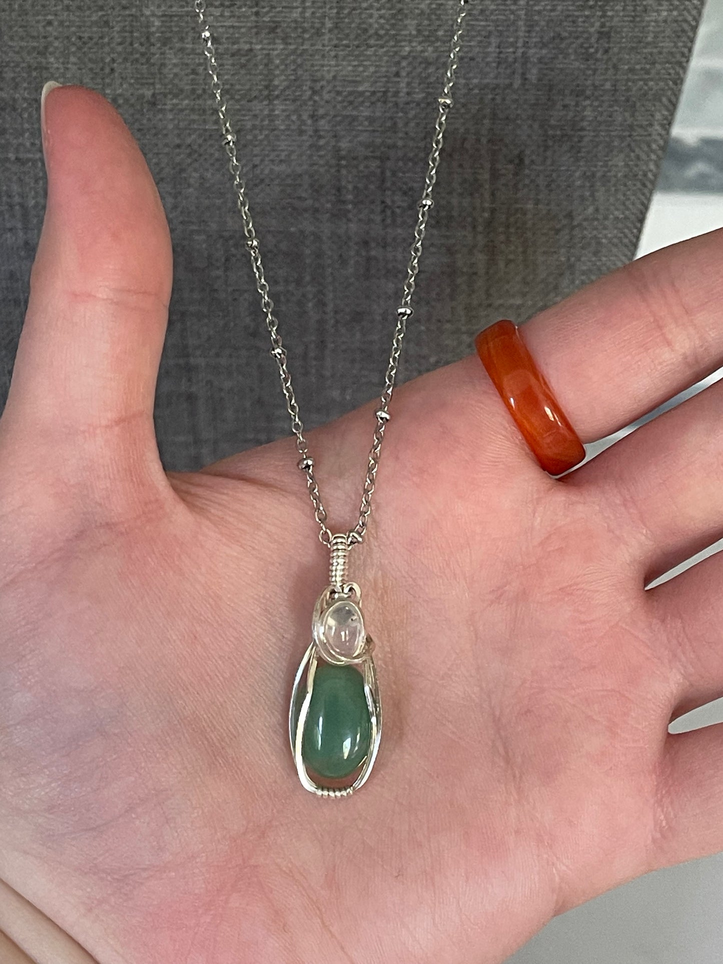 Green Aventurine and Mini Clear Quartz Wire Wrapped Necklace