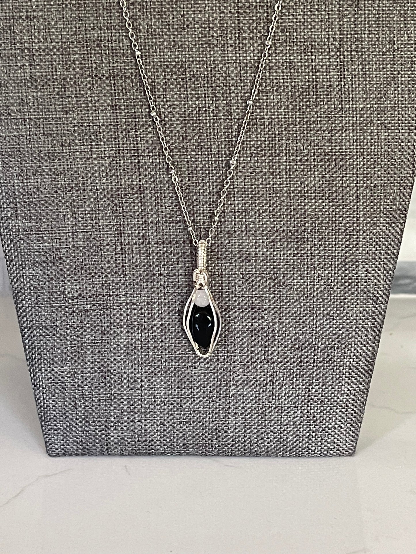 Black Onyx and Mini Rose Quartz Wire Wrapped Necklace