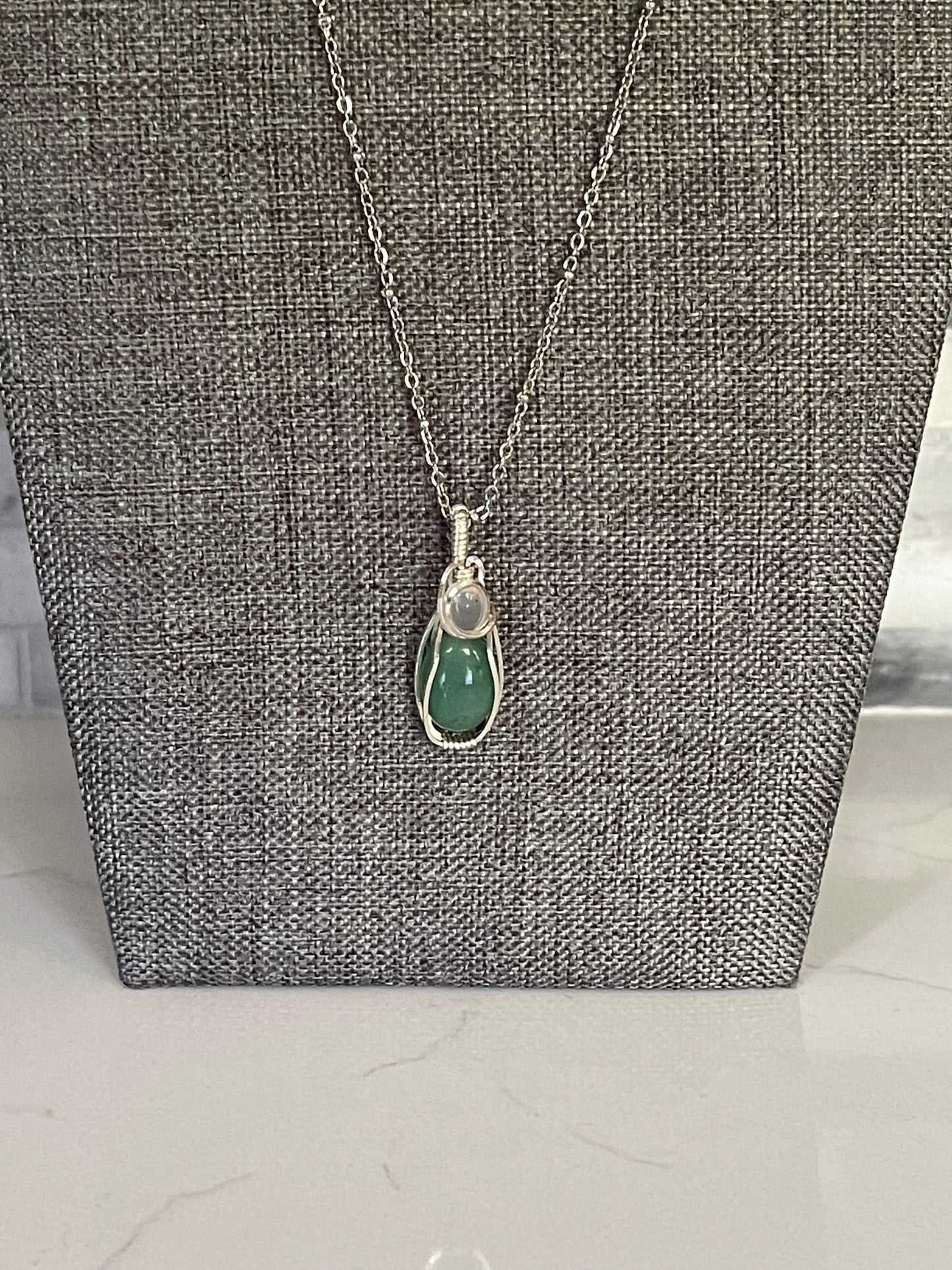 Green Aventurine and Mini Clear Quartz Wire Wrapped Necklace