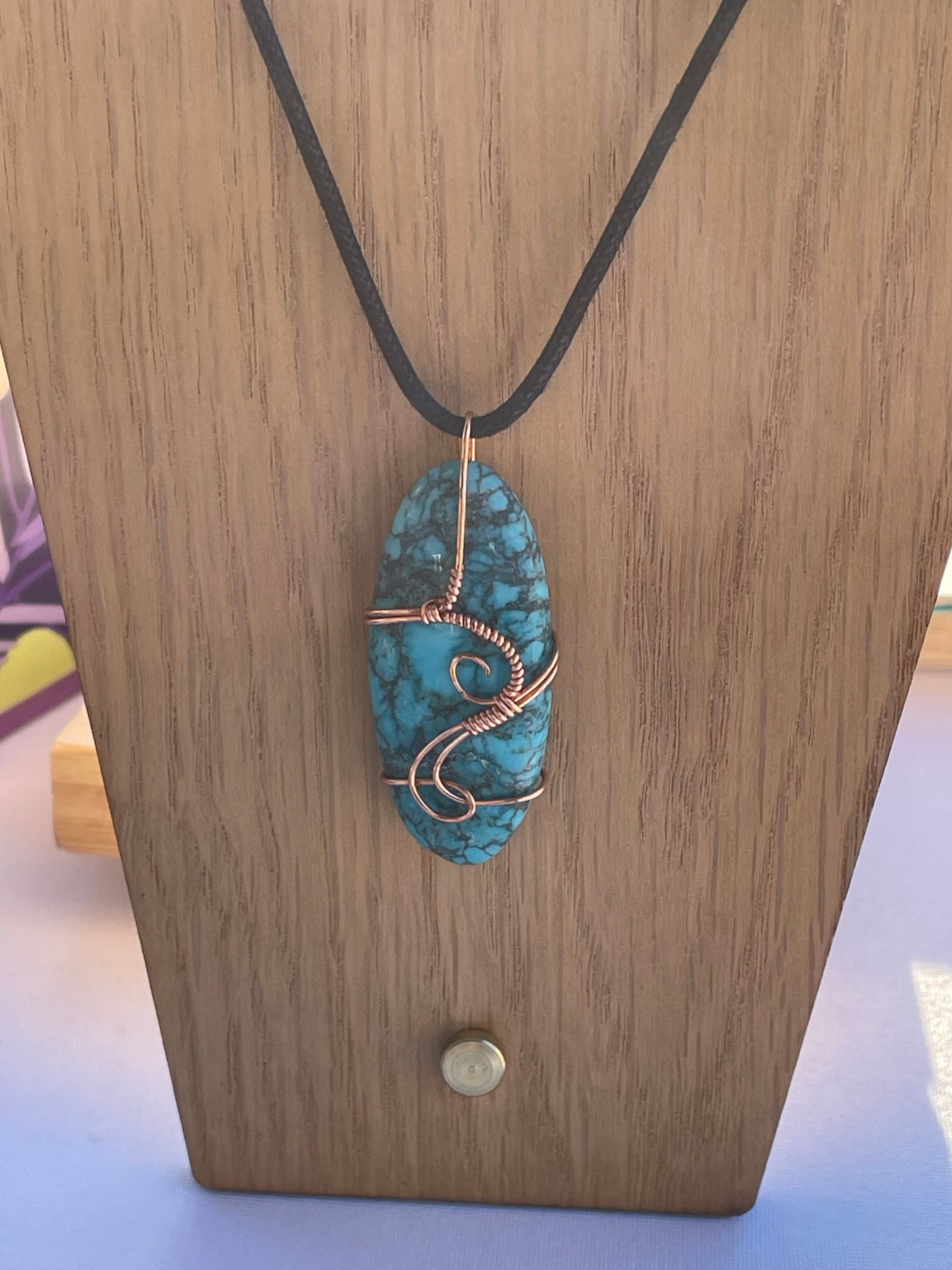 Turquoise Oval Copper Wire Wrap Pendant Necklace