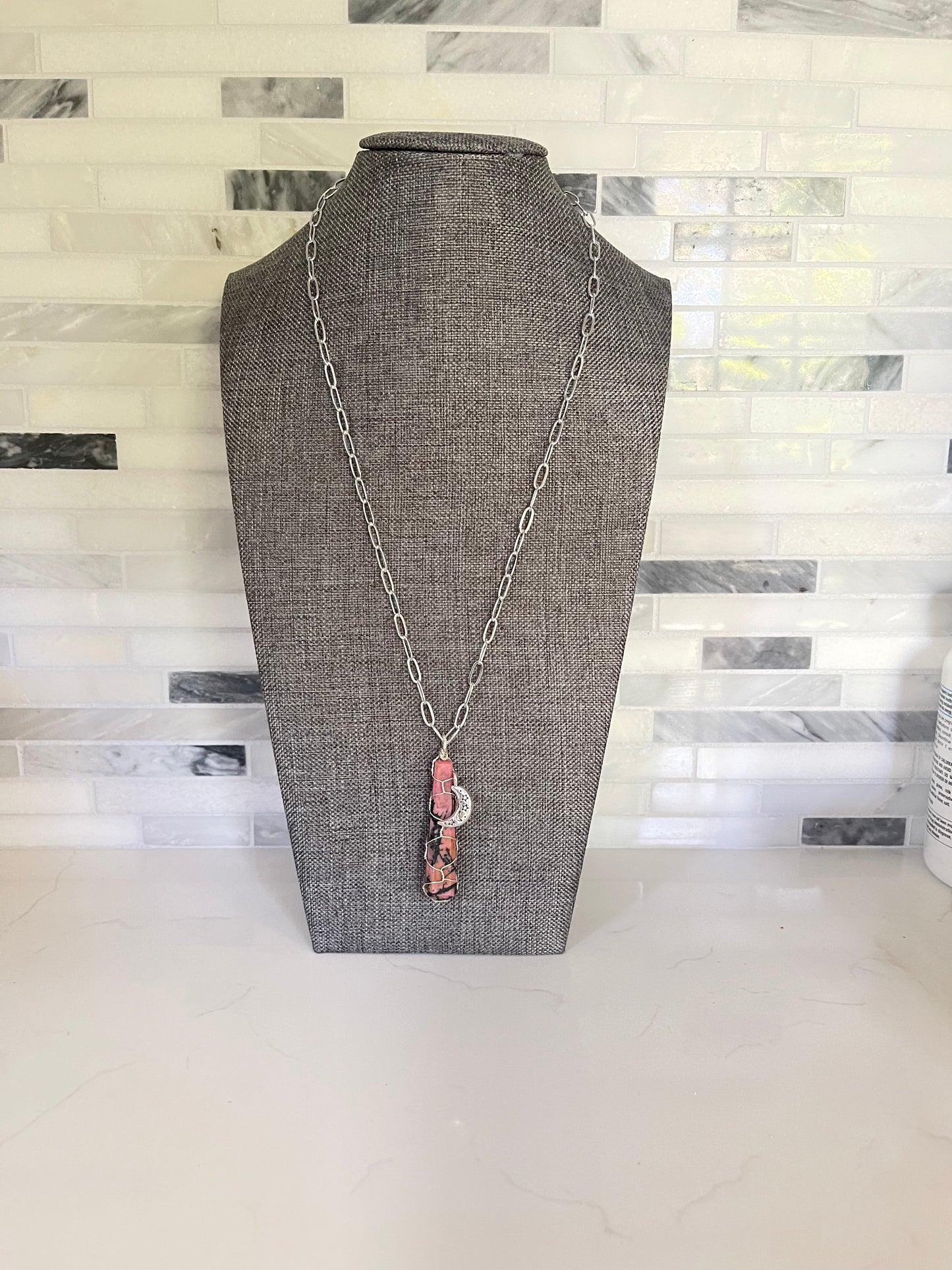 Rhodonite & Moon Charm Wire Wrap