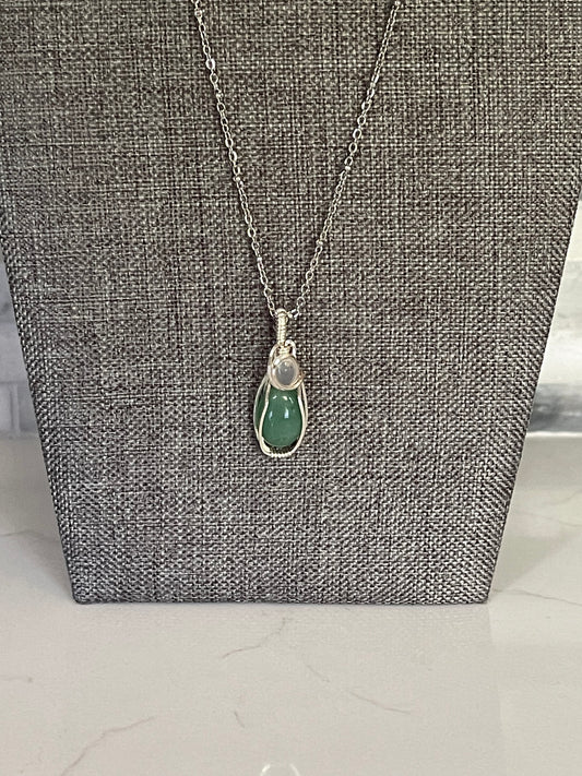 Green Aventurine and Mini Clear Quartz Wire Wrapped Necklace