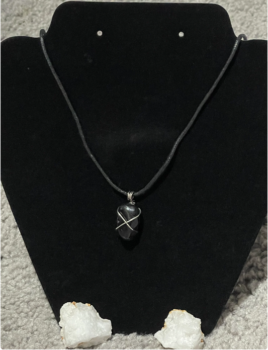Black Tourmaline Crystal Wire Wrapped Pendant Necklace