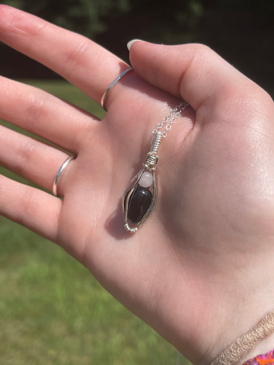 Black Onyx and Mini Rose Quartz Wire Wrapped Necklace