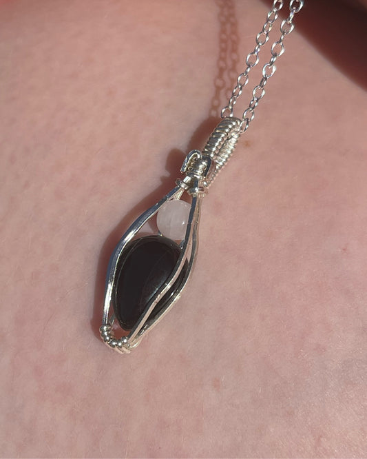 Black Onyx and Mini Rose Quartz Wire Wrapped Necklace